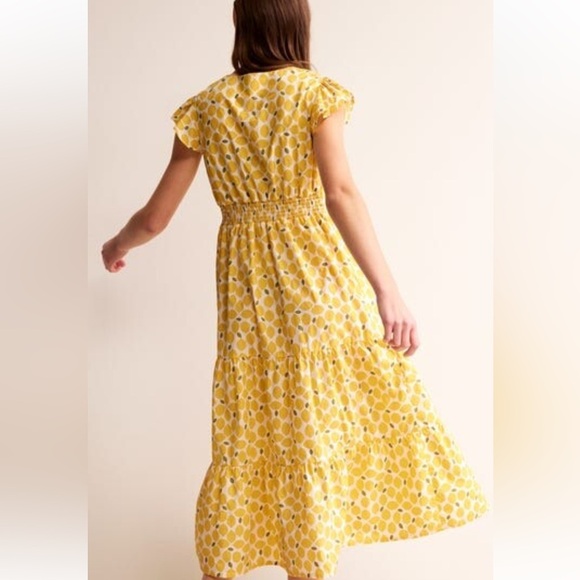 Boden May Cotton Midi Tea Dress Yellow Lemon Print Size 12R Vneck Cap Sleeve - Picture 2 of 13